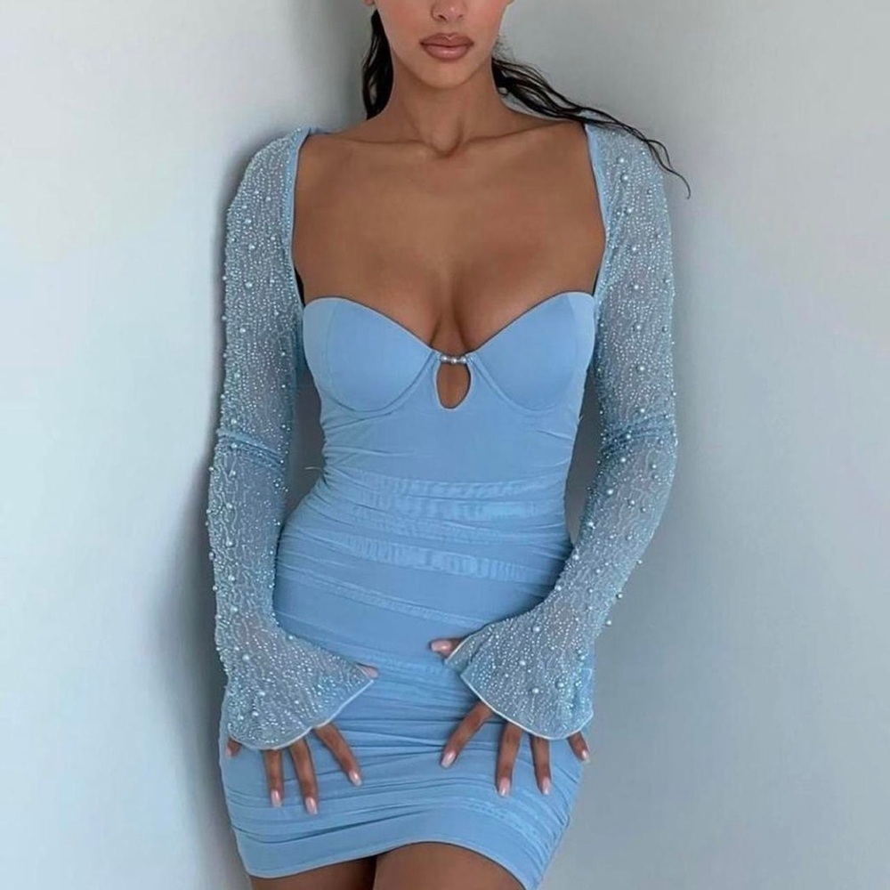 Oh Polly ST. GERMAIN Embellished Long Sleeve Mini Dress in Blue - US 6